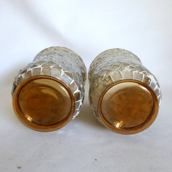 NEW 7.25” STAINED GLASS MOSAIC ART GLASS CAST IRON LEAF STANDS CANDLE HOLDER SET - Picture 9 of 13